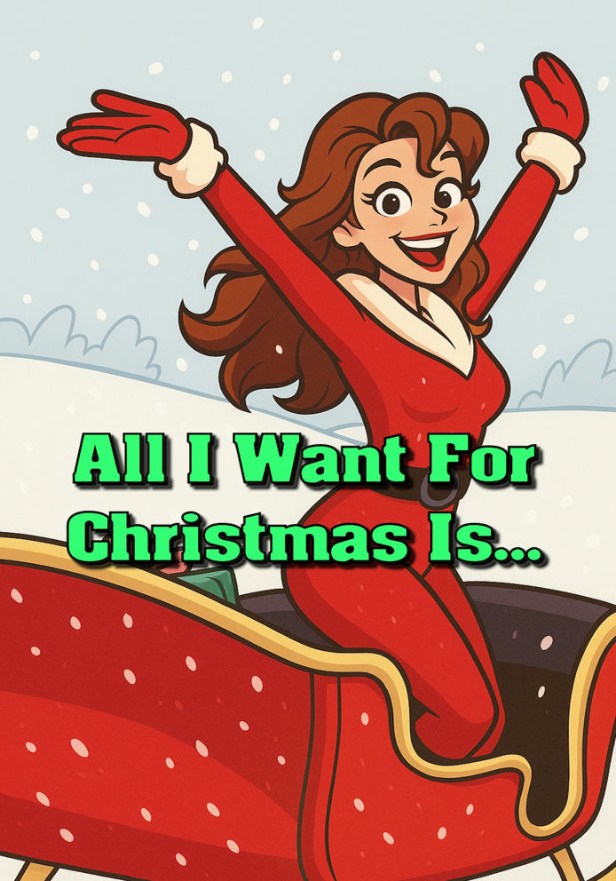 All I Want For Christmas Is - Humorous Cartoon Mariah Carey Themed A5 Christmas Card