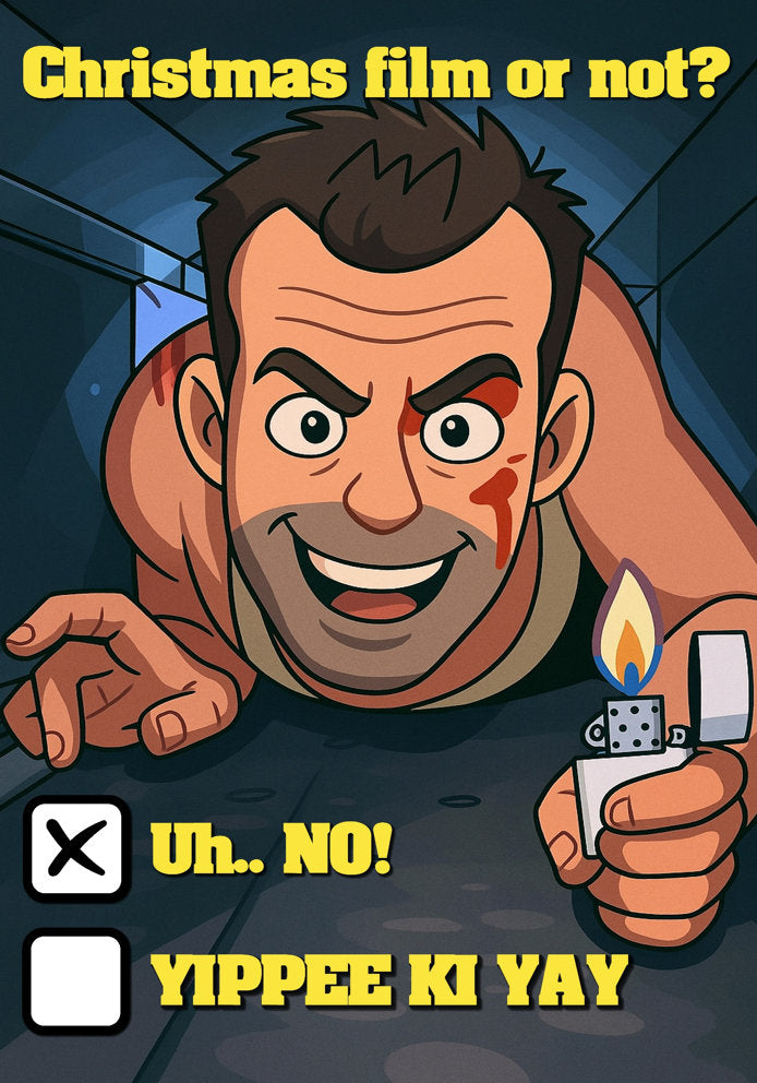 Christmas Film or Not (No) - Humorous Cartoon Die Hard Bruce Willis Themed A5 Christmas Card