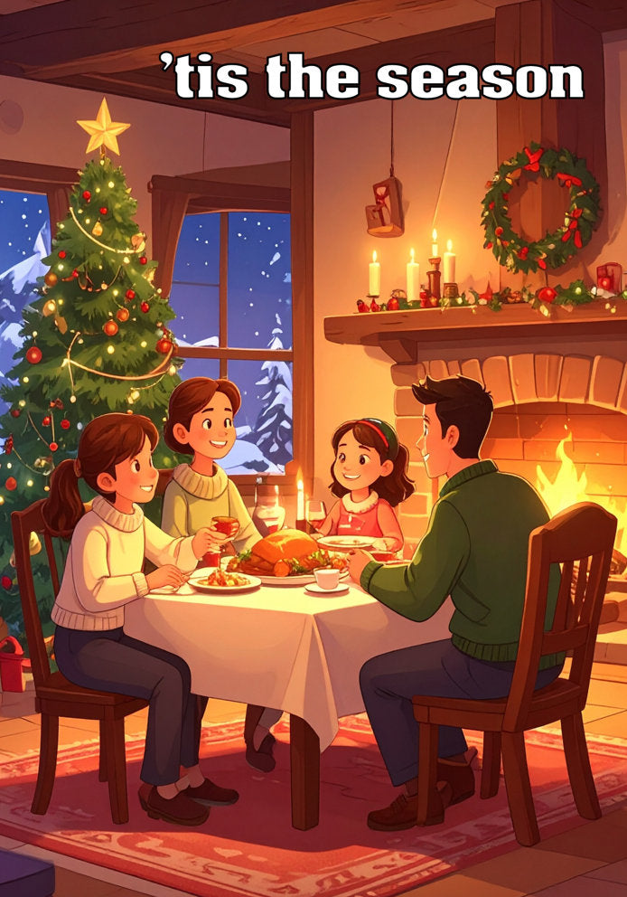 Tis The Season - Traditional Cartoon Family Cheers Christmas Tree Themed A5 Christmas Card