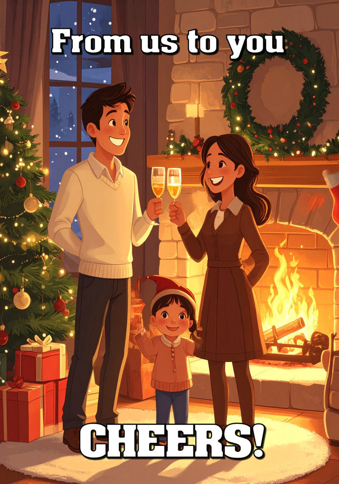 From Us To You - Traditional Cartoon Family Cheers Christmas Tree Themed A5 Christmas Card