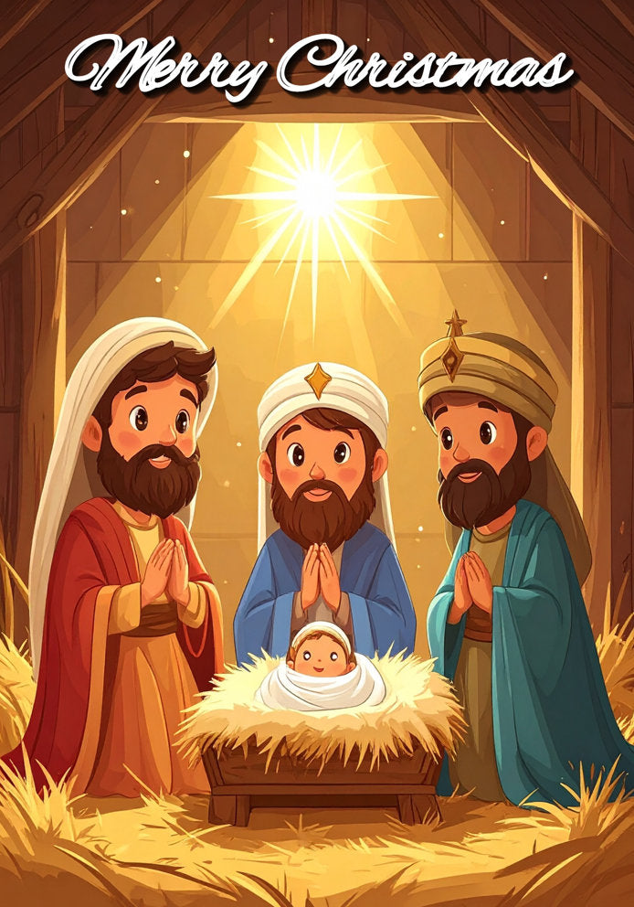 Merry Christmas - Traditional Nativity Three Wise Men Cartoon Themed A5 Christmas Card
