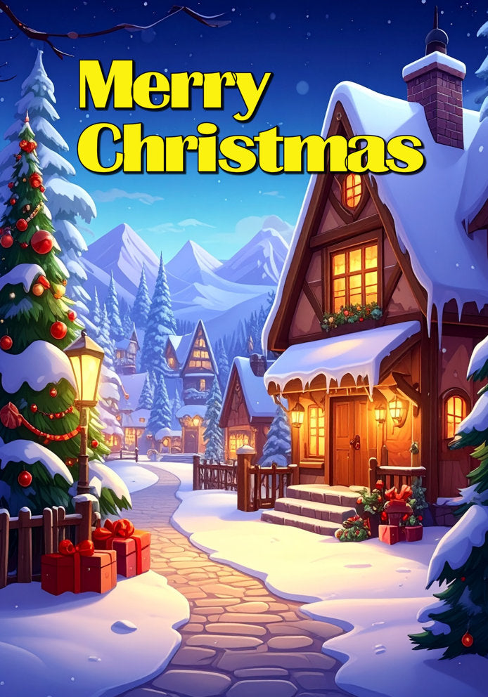 Merry Christmas - Traditional Winter Street Scene Cartoon Themed A5 Christmas Card