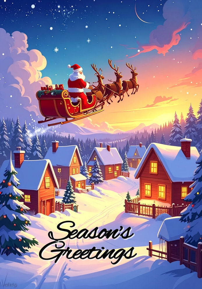 Season's Greetings - Santa's Sleigh Reindeers Flying Over Houses Traditional Cartoon Themed A5 Christmas Card