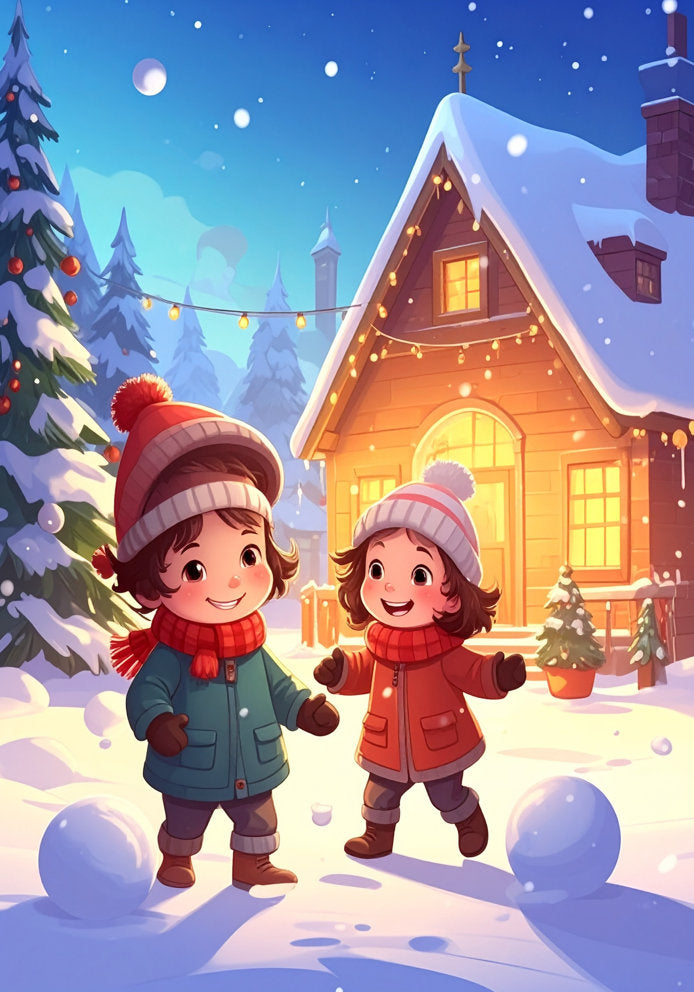 Kids Snowball Fight - Traditional Cartoon Themed A5 Christmas Card