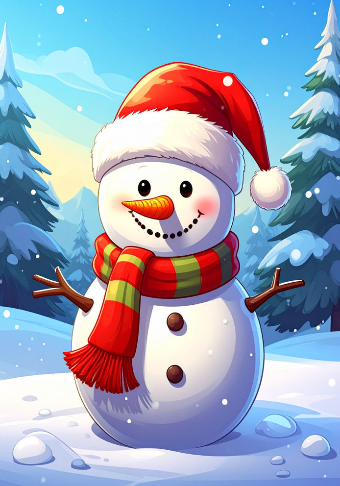 Cute Snowman - Adorable Cartoon Snowman in Santa Hat and Scarf Themed A5 Christmas Card
