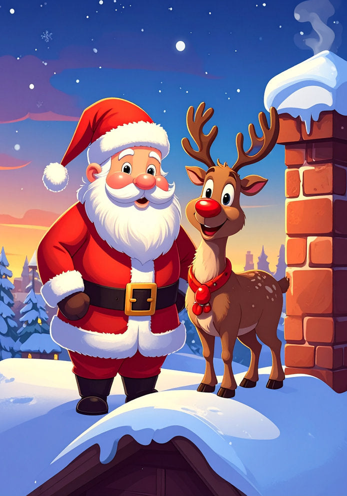 Santa and Rudolph the Red Nose Reindeer Rooftop - Cute Cartoon Themed A5 Christmas Card