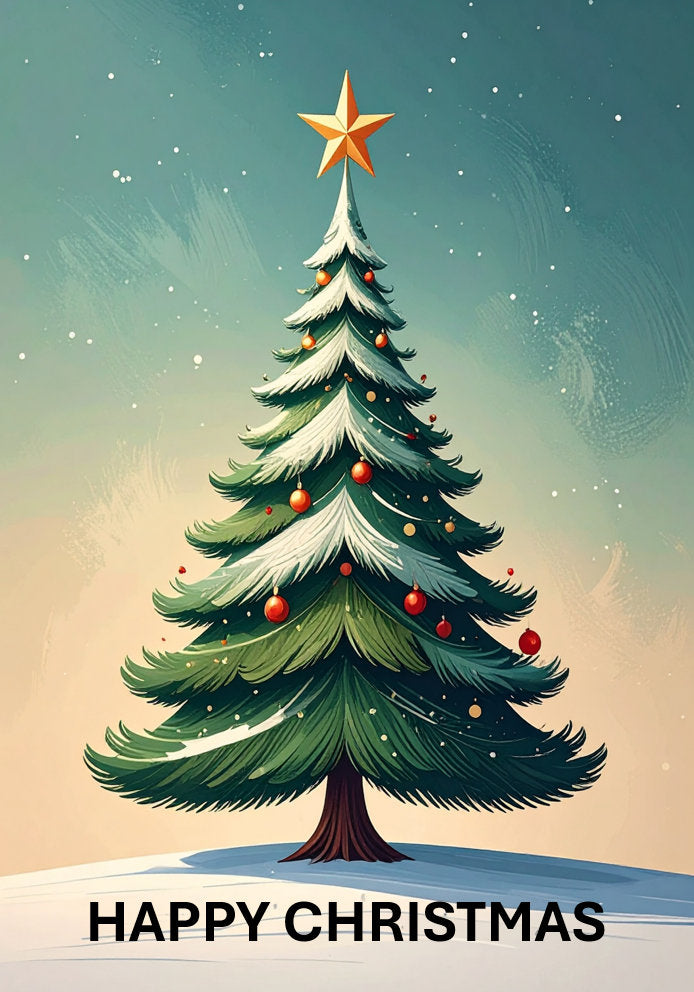 Happy Christmas - Elegant Arty/Artistic Traditional Christmas Tree Themed A5 Christmas Card