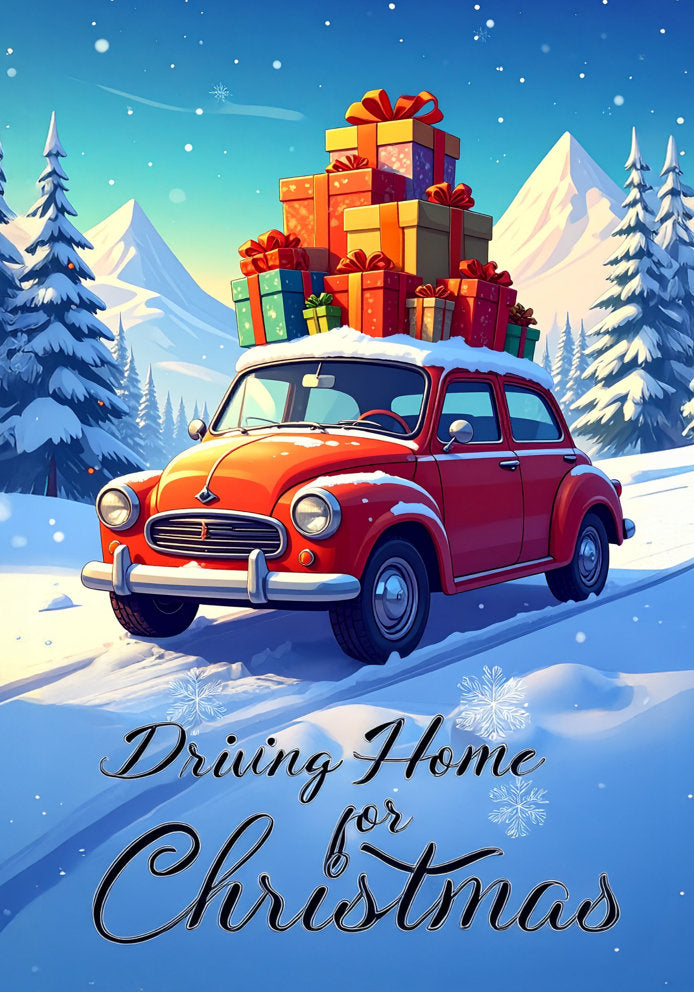 Driving Home for Christmas - Car Loaded With Presents Cartoon Themed A5 Christmas Card