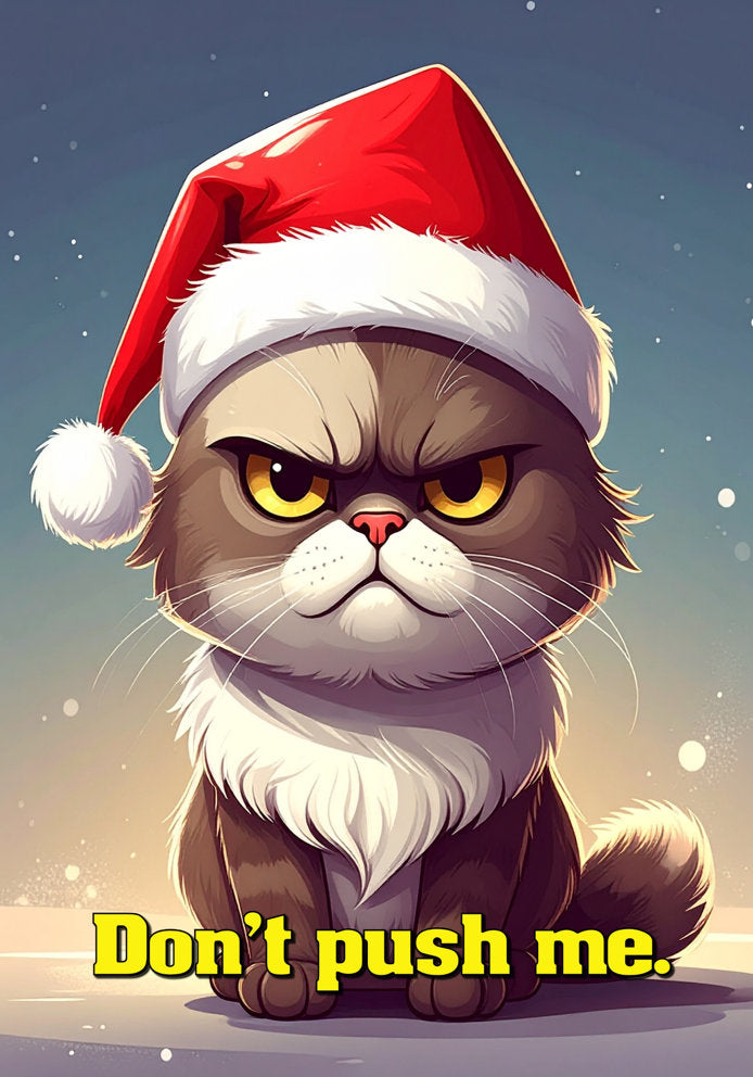 Don't Push Me - Humorous/Funny Grumpy Cat Cartoon Themed A5 Christmas Card